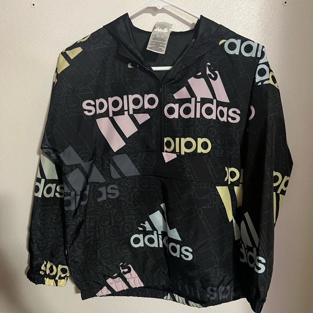ADIDAS Long Sleeve‎ All Over Logo Print Hooded Windbreaker Jacket Kid's Size M